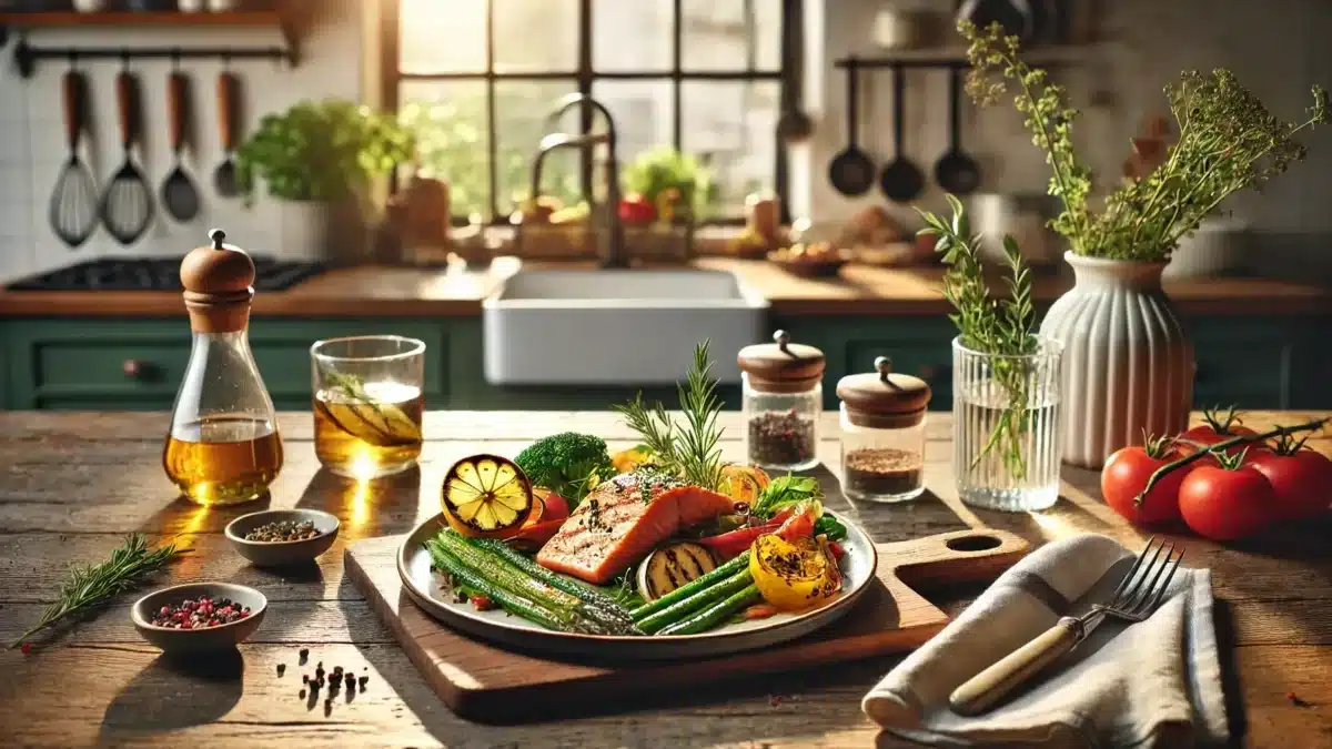 Healthy quick recipe with fresh ingredients, vibrant vegetables, and lean protein on a stylish plate, representing CookMinutes.