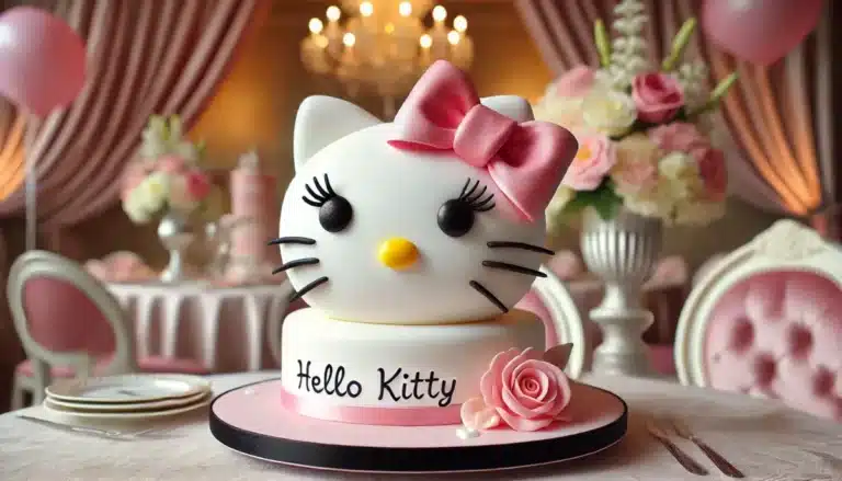 A beautifully crafted Fondant Hello Kitty Face Cake with smooth white fondant, black eyes, a yellow nose, and a pink bow, displayed on a clean countertop.
