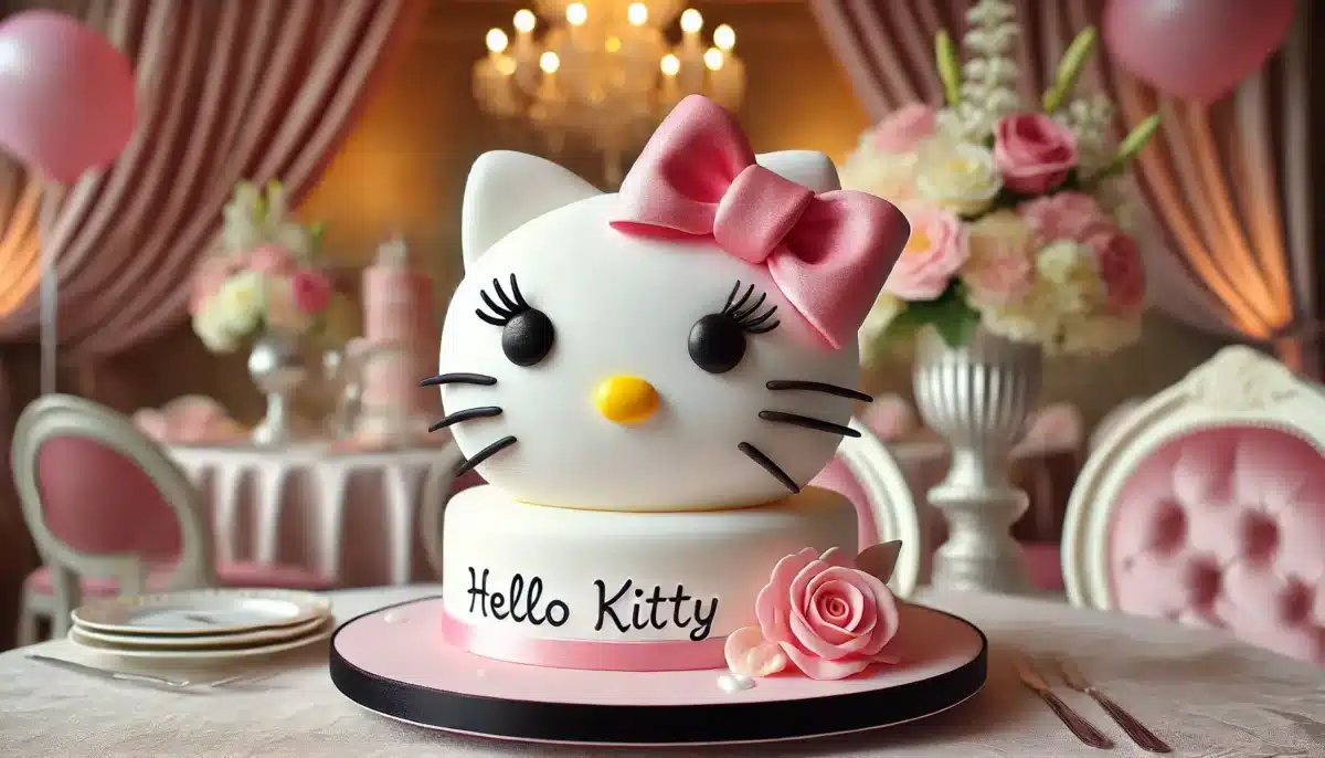 Fondant Hello Kitty Cake: The Most Ultimate Face Cake! A beautifully crafted Fondant Hello Kitty Face Cake with smooth white fondant, black eyes, a yellow nose, and a pink bow, displayed on a clean countertop.