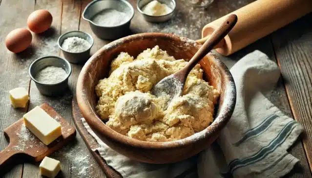 How to Make Chicken Cobbler Recipe – A Delicious Southern Recipe Mixing soft biscuit dough for a fluffy chicken cobbler topping.