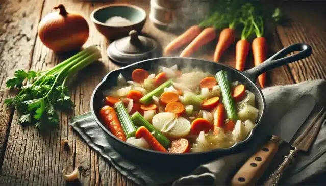 How to Make Chicken Cobbler Recipe – A Delicious Southern Recipe Sautéing onions, carrots, and celery in butter for a rich chicken cobbler Recipe filling.