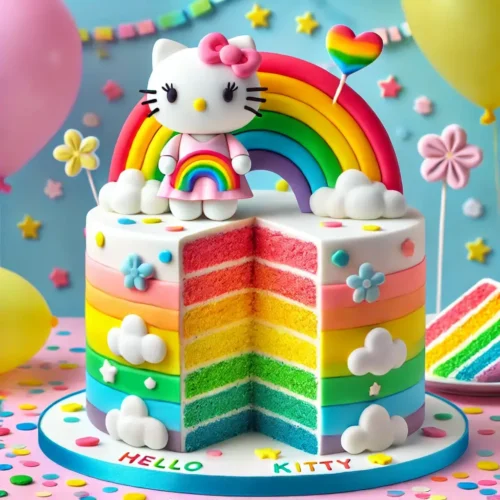 Hello Kitty Cake :Top 10 Stunning cakes for all Celebration! Hello Kitty rainbow cake with vibrant layers, a fondant topper, and playful decorations, ideal for fun and cheerful events.