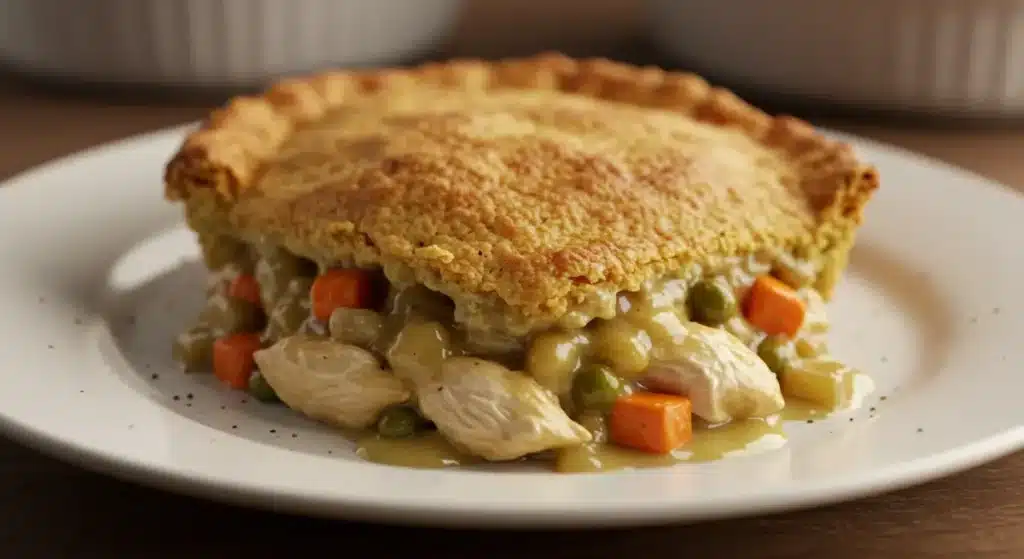 How to Make Chicken Cobbler Recipe – A Delicious Southern Recipe A golden-brown chicken cobbler recipe in a white ceramic dish, fresh from the oven.
