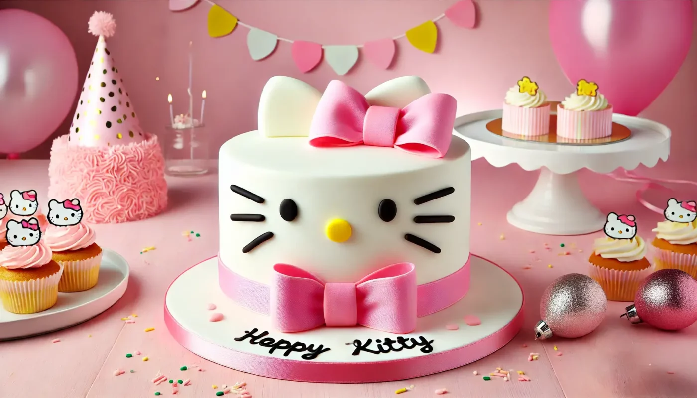 Classic Hello Kitty Cake: How to Make a Stunning Cake A finished Classic Hello Kitty Cake with white fondant, pink bow, and black whiskers.