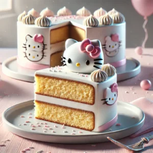 Classic Hello Kitty Cake: How to Make a Stunning Cake A sliced Hello Kitty Cake served on a white plate with pink decorations.