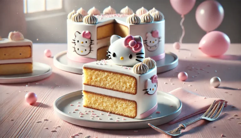 A sliced Hello Kitty Cake served on a white plate with pink decorations.