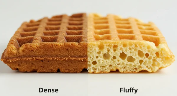 Side-by-side comparison of dense and fluffy waffles on a wooden table, showing the texture difference between a heavy, compact waffle and a light, airy one.