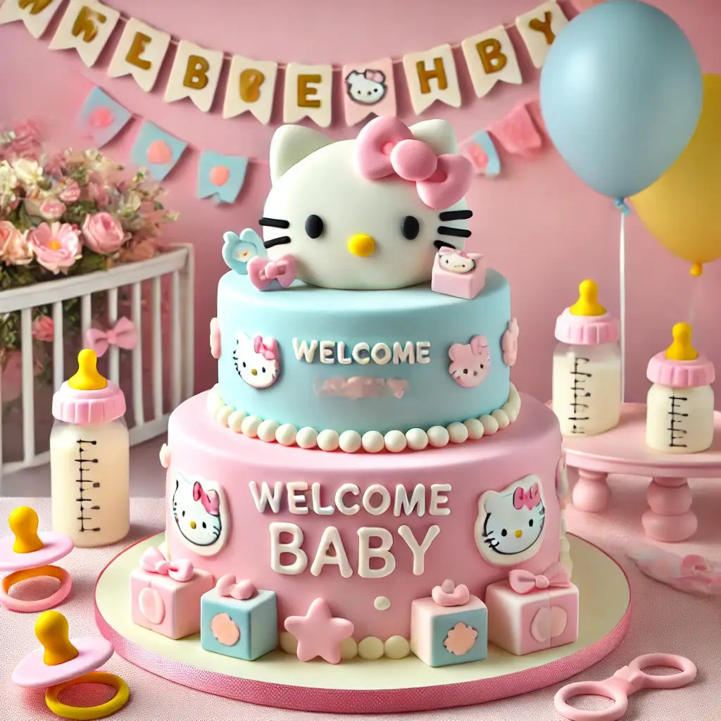 Hello Kitty Cake :Top 10 Stunning cakes for all Celebration! Hello Kitty baby shower cake with pastel colors and baby-themed decorations, perfect for celebrating a little one’s arrival.