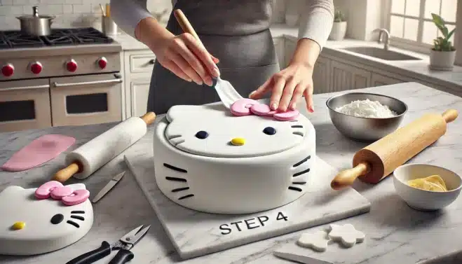Fondant Hello Kitty Cake: The Most Ultimate Face Cake! Covering a Hello Kitty face-shaped cake with white fondant, smoothing and trimming on a bright, clean kitchen counter.
