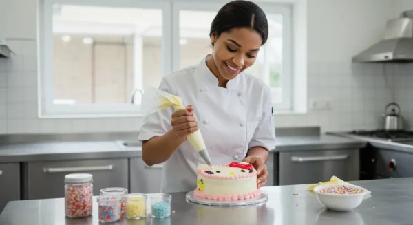 Decorating a Hello Kitty cake in a sleek, modern kitchen