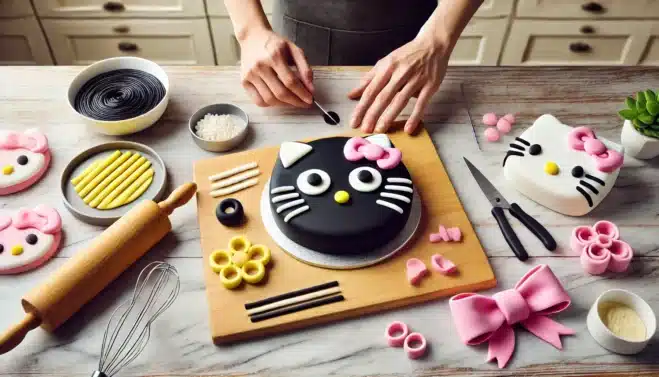 Fondant Hello Kitty Cake: The Most Ultimate Face Cake! Decorating a Hello Kitty cake with fondant details, including eyes, whiskers, nose, and bow, on a bright modern kitchen counter.