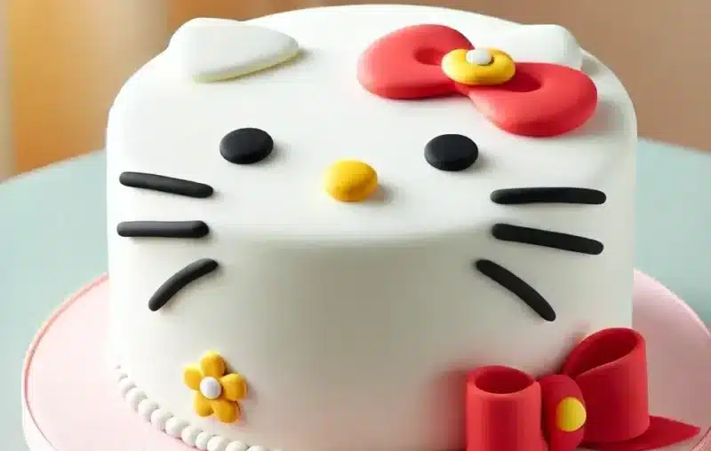 Hello Kitty Cake :Top 10 Stunning cakes for all Celebration! Hello Kitty face cake with a red bow, smooth white fondant, and black whiskers, perfect for birthdays, baby showers, or special celebrations.