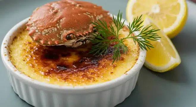 Crab Brulee Recipe: A Delicious Gourmet Seafood Delight! A ramekin of crab brûlée topped with a whole crab shell, garnished with dill and served on a rustic plate with lemon wedges and seasoning.
