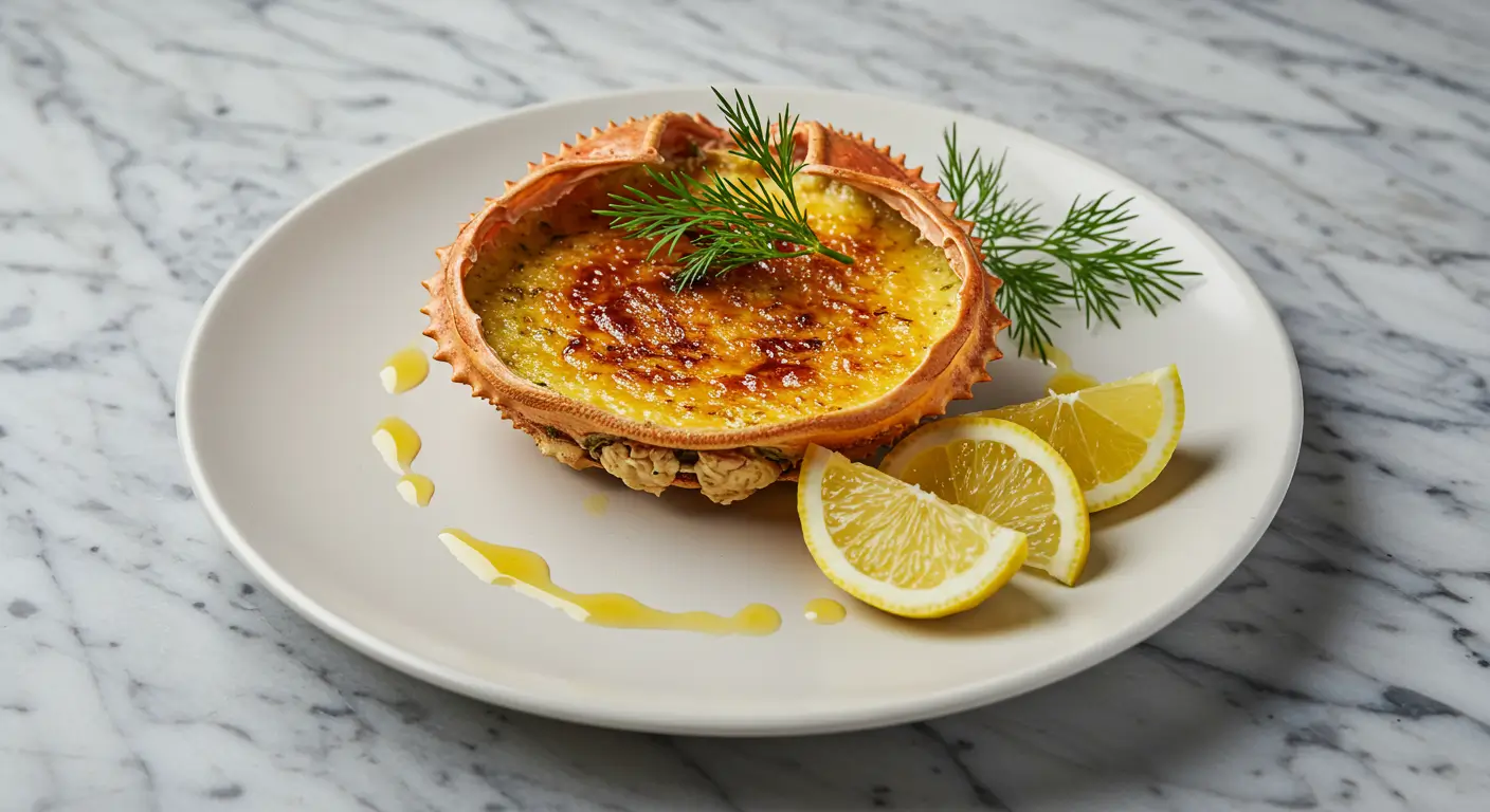 Crab Brulee Recipe: A Delicious Gourmet Seafood Delight! A ramekin of crab brûlée topped with a whole crab shell, garnished with dill and served on a rustic plate with lemon wedges and seasoning.