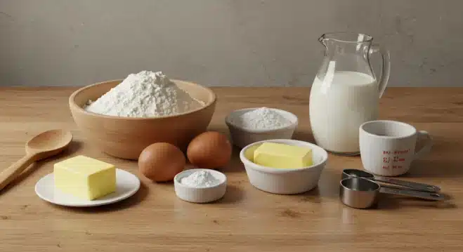 Gathering Ingredients for Fluffy Homemade Waffles A top-down view of waffle ingredients: flour, eggs, butter, baking powder, and buttermilk, neatly arranged on a wooden countertop for homemade waffles.