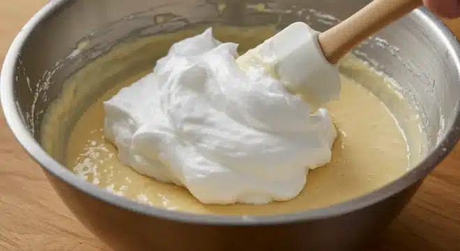 Gently Folding Egg Whites into Waffle Batter for Fluffiness A baker gently folding whipped egg whites into waffle batter with a spatula, ensuring a light, fluffy texture without overmixing in a cozy kitchen setting.