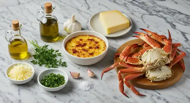 Crab Brulee Recipe: A Delicious Gourmet Seafood Delight! Fresh ingredients for a crab brulee recipe, featuring crab, fresh herbs, grated cheese, olive oil, and garlic.