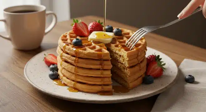 Fluffy Waffles with Syrup & Berries – The Perfect Breakfast A stack of golden, fluffy waffles with butter, maple syrup, and fresh berries on a white plate, served on a cozy breakfast table with warm lighting.