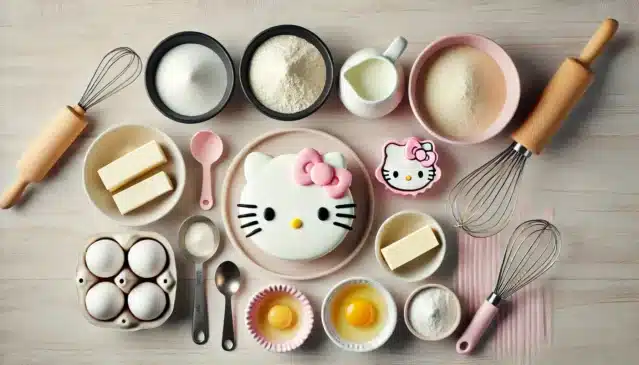 Classic Hello Kitty Cake: How to Make a Stunning Cake Ingredients for baking a Classic Hello Kitty Cake, including flour, sugar, butter, eggs, and fondant.