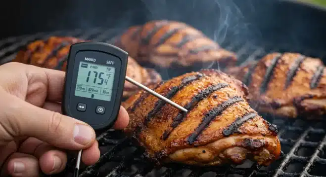 The Best Smoked Chicken Legs and Thighs Recipe You Must Try A digital meat thermometer showing 175°F inside a smoked chicken thigh on the grill.