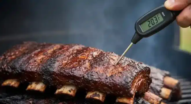 How to Make Smoked beef back Ribs A digital meat thermometer reading 203°F inside a smoked beef rib.