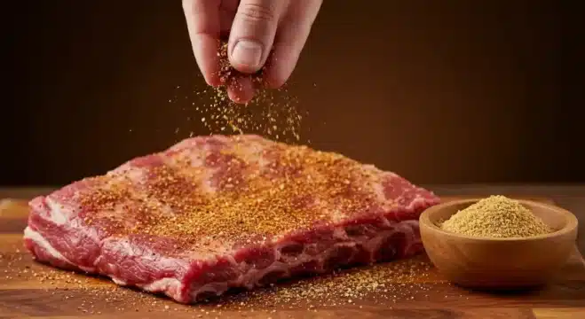 How to Make Smoked beef back Ribs A homemade dry rub blend being sprinkled over raw beef ribs.