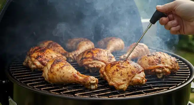 The Best Smoked Chicken Legs and Thighs Recipe You Must Try Chicken thighs and legs slowly smoking on a pellet grill with visible wood smoke.