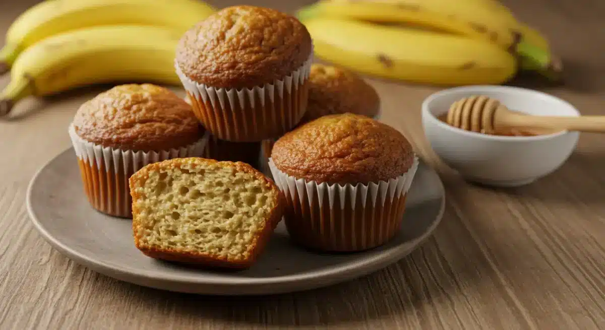 How to Make Classic Kodiak Banana Muffins Close-up of freshly Classic Kodiak banana muffins with a sliced muffin showing a soft texture, ripe bananas, and a honey drizzle.