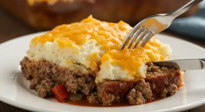 Cowboy Meatloaf and Potato Casserole Quick Guide A plated serving of cowboy meatloaf and potato casserole, showing its layers.