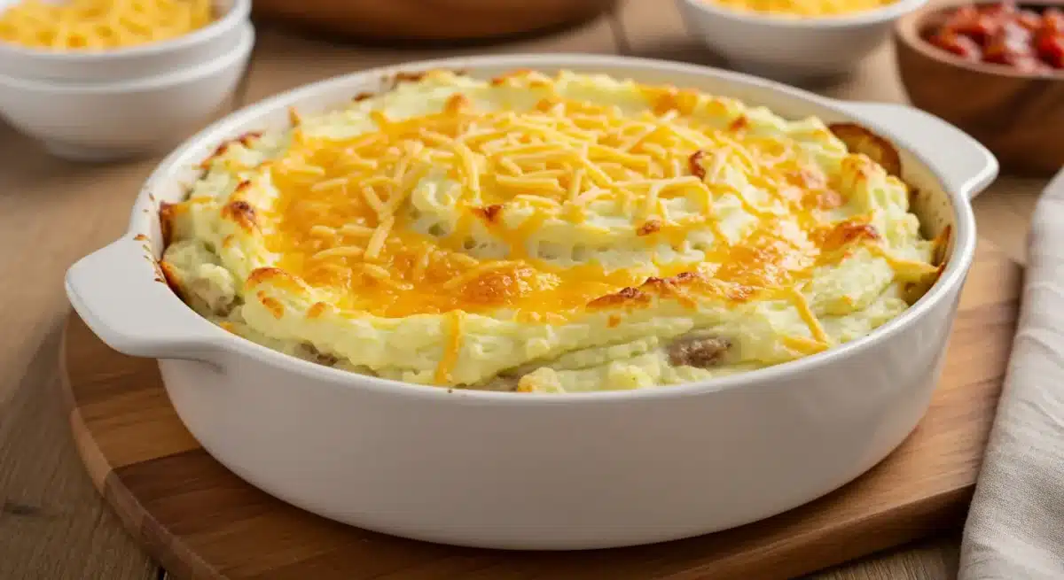 Cowboy Meatloaf and Potato Casserole Quick Guide Cowboy meatloaf and potato casserole with a crispy golden cheese topping, served in a cast iron dish.
