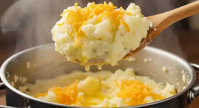 Cowboy Meatloaf and Potato Casserole Quick Guide Creamy mashed potatoes with butter and cheese being stirred in a pot.