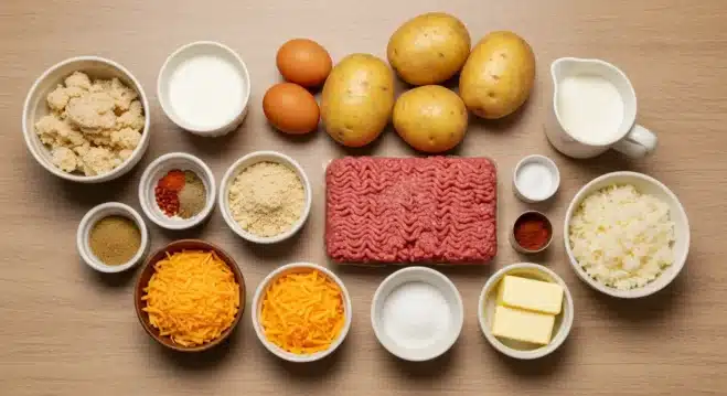 Cowboy Meatloaf and Potato Casserole Quick Guide Ingredients for cowboy meatloaf and potato casserole, including ground beef, potatoes, and cheese.