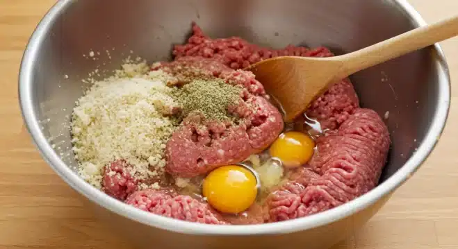 Cowboy Meatloaf and Potato Casserole Quick Guide Ground beef mixture being prepared for cowboy meatloaf casserole.