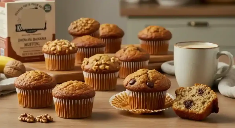 The Ultimate Guide To Kodiak Cakes Muffins A variety of Kodiak Cakes muffins, banana, chocolate, and whole grain—on a rustic table with honey, nuts, and a cup of coffee.