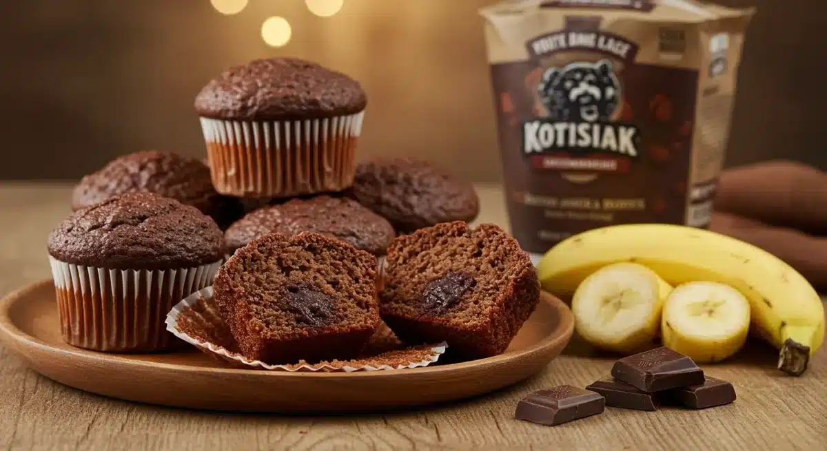 The Best Kodiak Chocolate Banana Muffins Freshly baked Kodiak chocolate banana muffins with a rich, moist texture, served on a wooden plate with chocolate chunks.