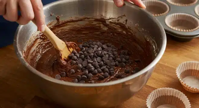 The Best Kodiak Chocolate Banana Muffins Folding dark chocolate chips into Kodiak chocolate banana muffin batter before baking.