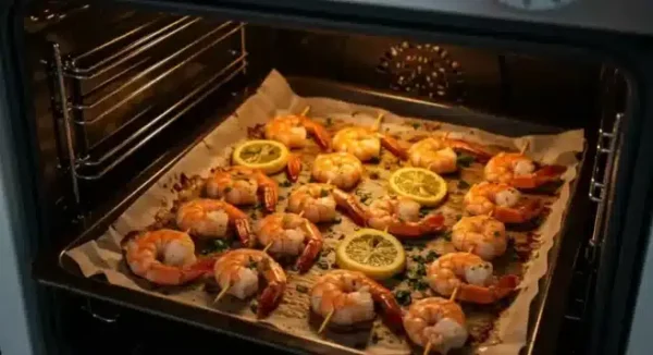 Shrimp skewers baking in the oven with lemon slices and fresh parsley, turning pink and caramelized.