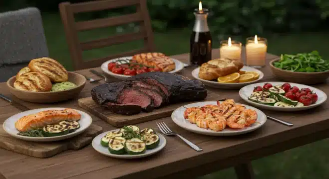 Pellet Grill Recipes: The Ultimate Guide to Mastering Wood-Fired Cooking A BBQ feast with smoked steak, grilled salmon, shrimp skewers, and vegetables on a rustic wooden table.