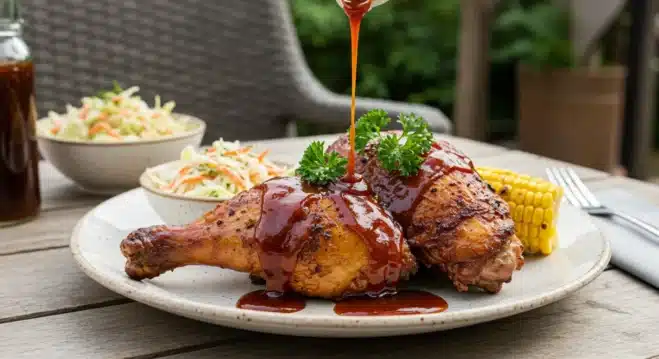 The Best Smoked Chicken Legs and Thighs Recipe You Must Try Smoked chicken leg and thigh served with BBQ sauce, coleslaw, and grilled corn on a white plate.