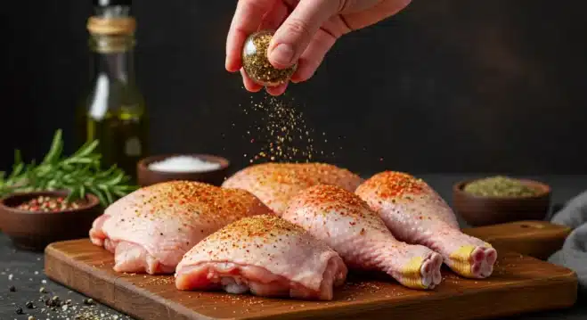 The Best Smoked Chicken Legs and Thighs Recipe You Must Try Raw chicken thighs and legs being seasoned with paprika, garlic powder, and black pepper.