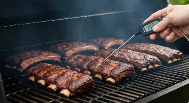 How to Make Smoked beef back Ribs Beef ribs placed on a smoker grill with a thermometer probe inserted.