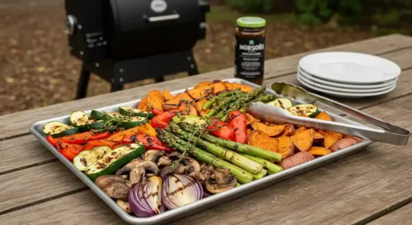 A platter of smoked vegetables, including bell peppers, zucchini, mushrooms, and sweet potatoes, served with fresh herbs.