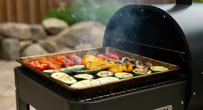 Pellet Grill Recipes: The Ultimate Guide to Mastering Wood-Fired Cooking A tray of grilled vegetables, including zucchini, bell peppers, and mushrooms, cooked on a pellet grill.