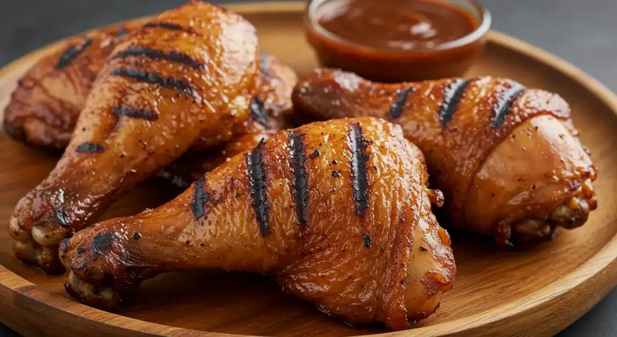 The Best Smoked Chicken Legs and Thighs Recipe You Must Try smoked chicken legs and thighs recipe with crispy skin, served on a wooden plate with BBQ sauce.