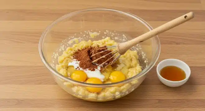 The Best Kodiak Chocolate Banana Muffins Whisking mashed bananas, eggs, milk, and cocoa powder for Kodiak chocolate banana muffins in a mixing bowl.