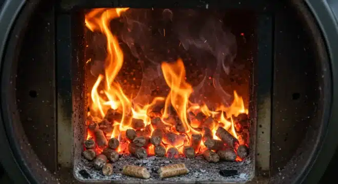 Pellet Grill Recipes: The Ultimate Guide to Mastering Wood-Fired Cooking Wood pellets burning in a firepot, creating smoke to enhance pellet smoker recipes with rich, wood-fired flavor.
