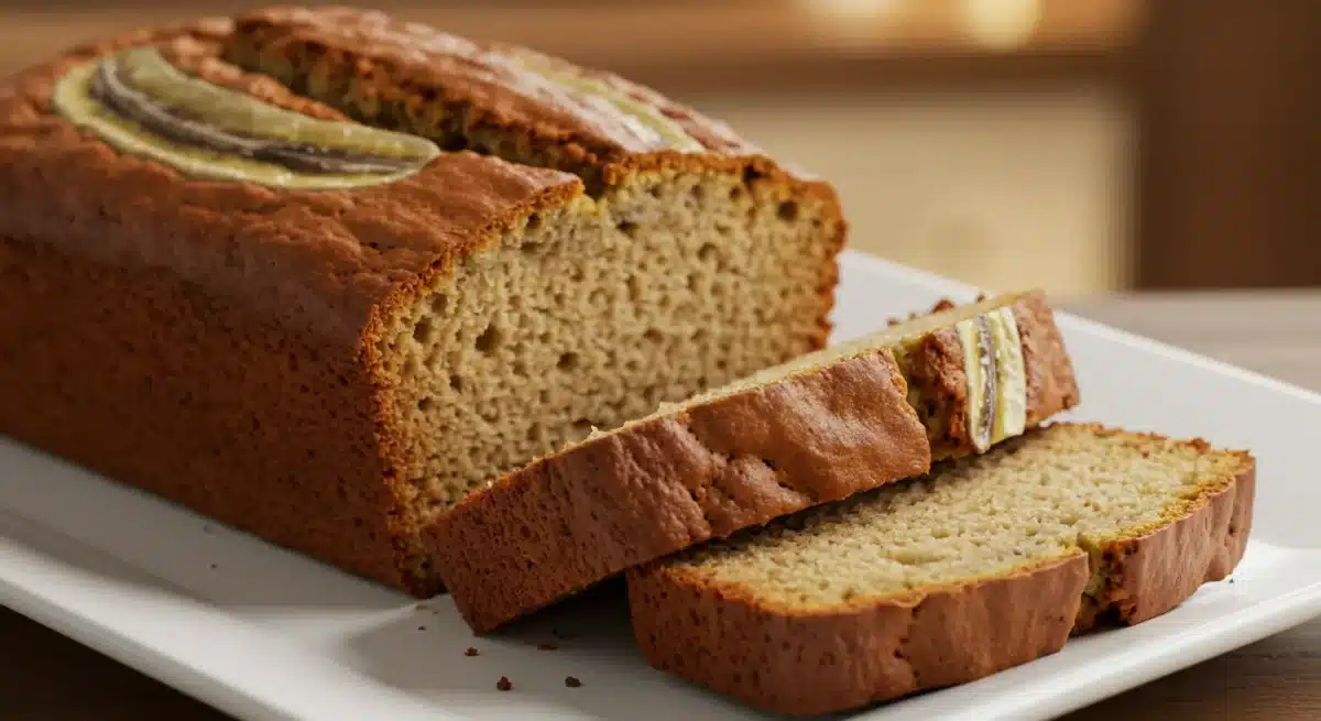Easy Moist Banana Bread Recipe: Fluffy, Quick, and Foolproof Guide A freshly baked banana bread loaf with a golden-brown crust, resting on a rustic wooden board. The soft, moist texture is visible through natural cracks on the surface. Warm lighting enhances the cozy, homemade feel.