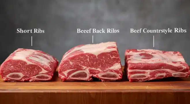 How to Make Smoked beef back Ribs Beef short ribs, back ribs, and country-style ribs displayed on a butcher block.