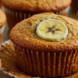The Ultimate Guide to Making Fluffy Sourdough Banana Muffins with Discard Freshly baked sourdough banana muffins with golden-brown tops and small caramelized banana slices baked into the surface.