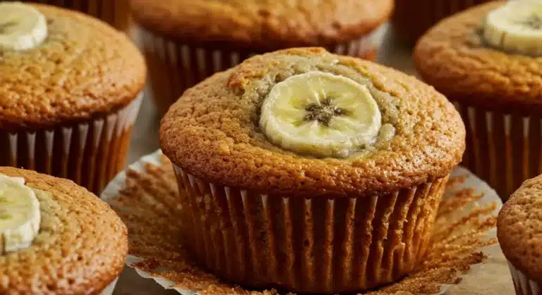 The Ultimate Guide to Making Fluffy Sourdough Banana Muffins with Discard Freshly baked sourdough banana muffins with golden-brown tops and small caramelized banana slices baked into the surface.